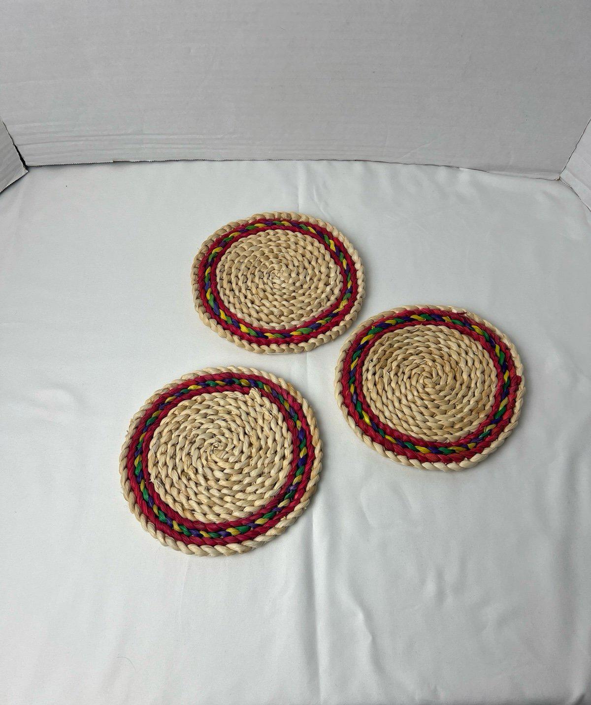 Vintage Lot Of 3 Woven Rattan Wicker Round Circle Hot Pads