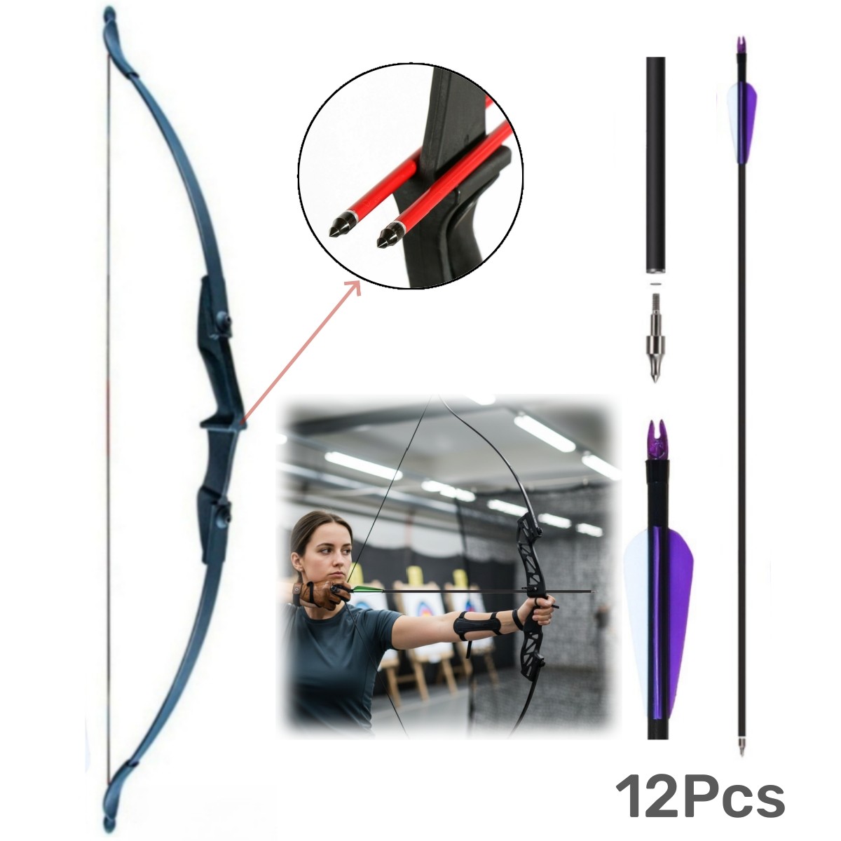 Archery Recurve Bow and Arrows in Takedown Bow - 12Pcs 30“ Fiberglass Arrow