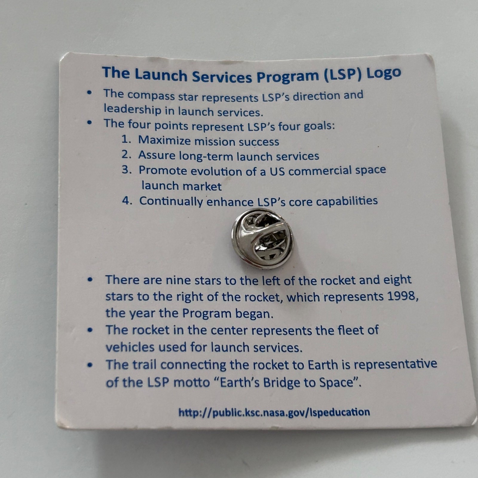 NASA Launch Services Program Logo Lapel Pin Spaceship Rocket