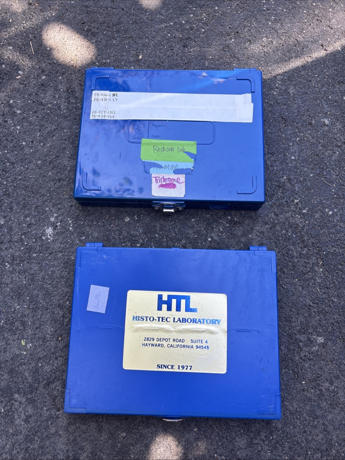 Lot of 2 Histo-Tec Laboratory Blue Microscope Slide Storage Boxes - 100 Capacity