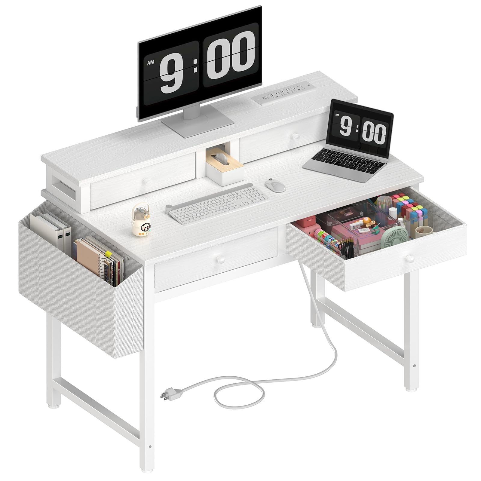 Small White Kids Desk with Fabric Drawers for Bedroom, 32 inch Vanity Makeup ...