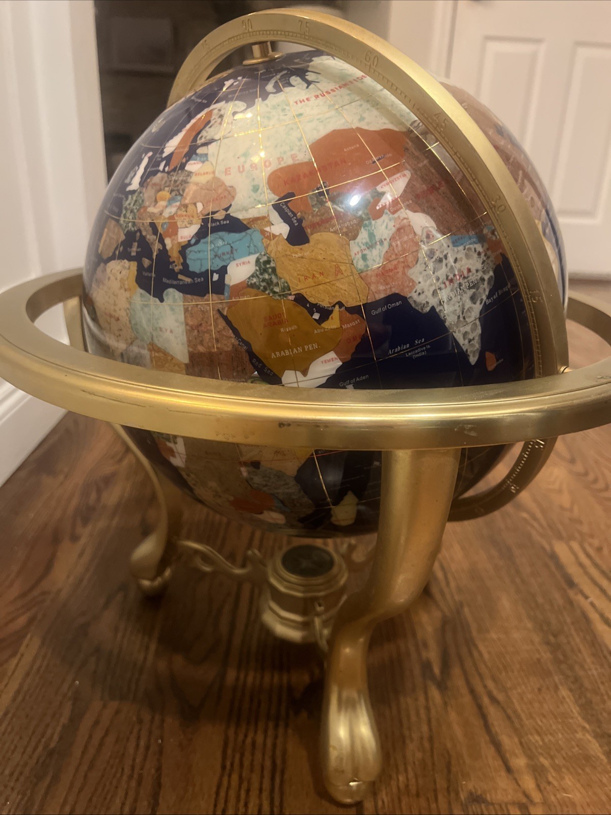 Blue Lapis Rotating Globe Precious Inlaid Stone Solid Brass w/ Compass