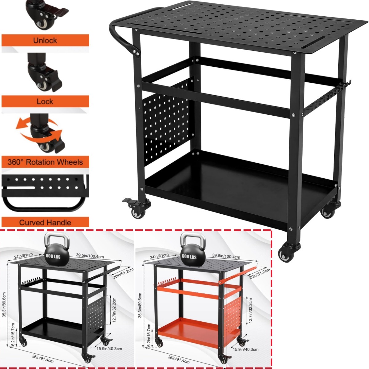 36X24" Portable Welding Table Workbench Wheels 5/8" Fixture Holes 2Layer Storage