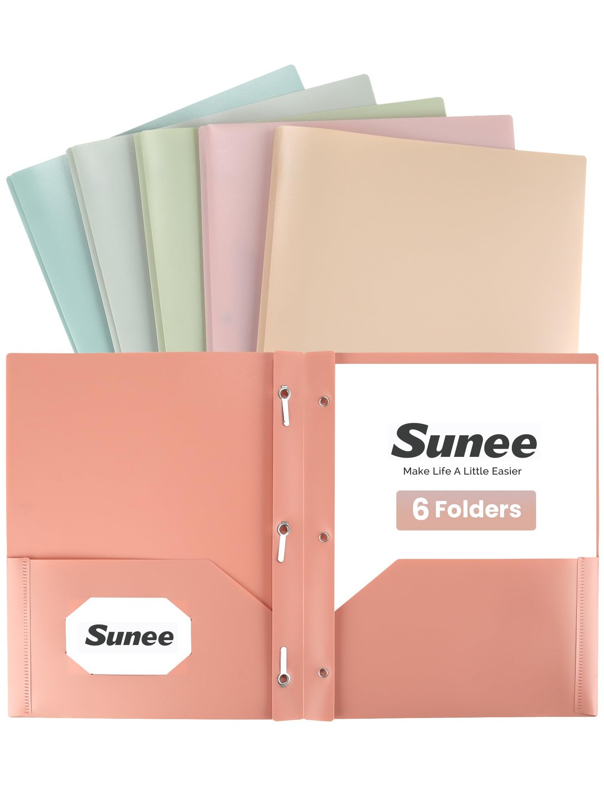 SUNEE 3-Prong Plastic Folders with Pockets (6 Pack, Vintage Light Retro
