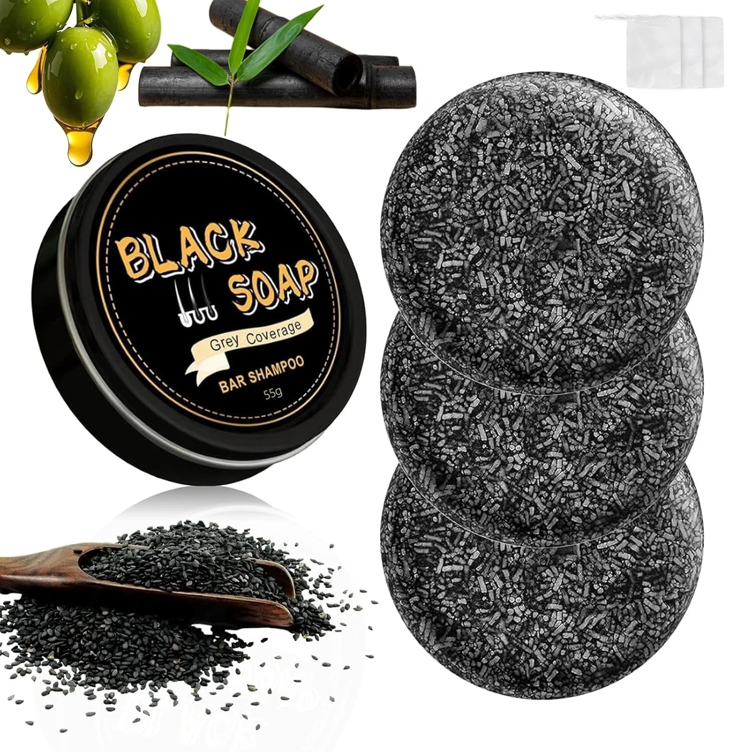 3Pcs Gray Hair Reverse Bar Soap, Black Shampoo Bar for Hair and Beard Darkening,