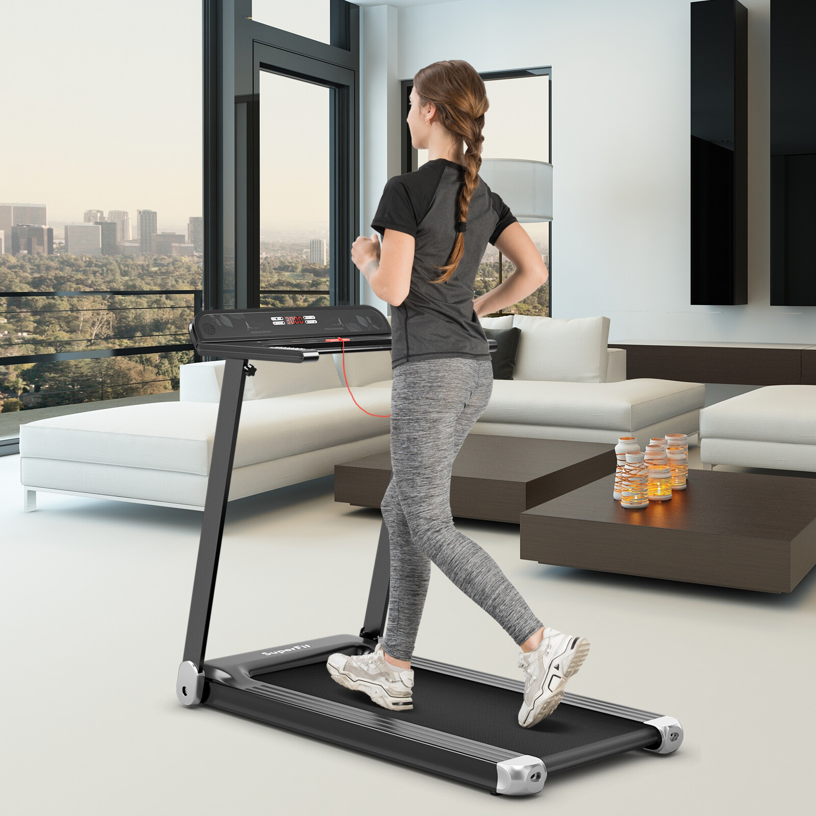Folding Electric Treadmill Compact Walking Running Machine w/APP Control Speaker