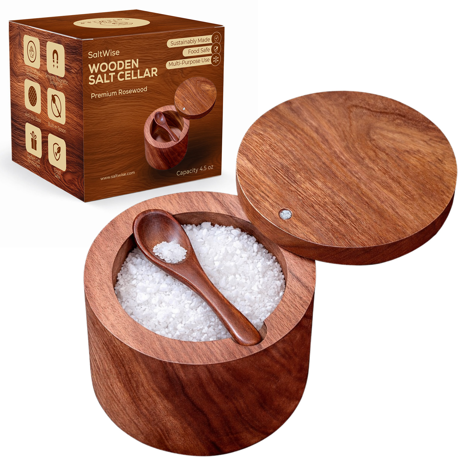 Premium Rosewood Salt Cellar with Magnetic Swivel Lid & Built-in Spoon