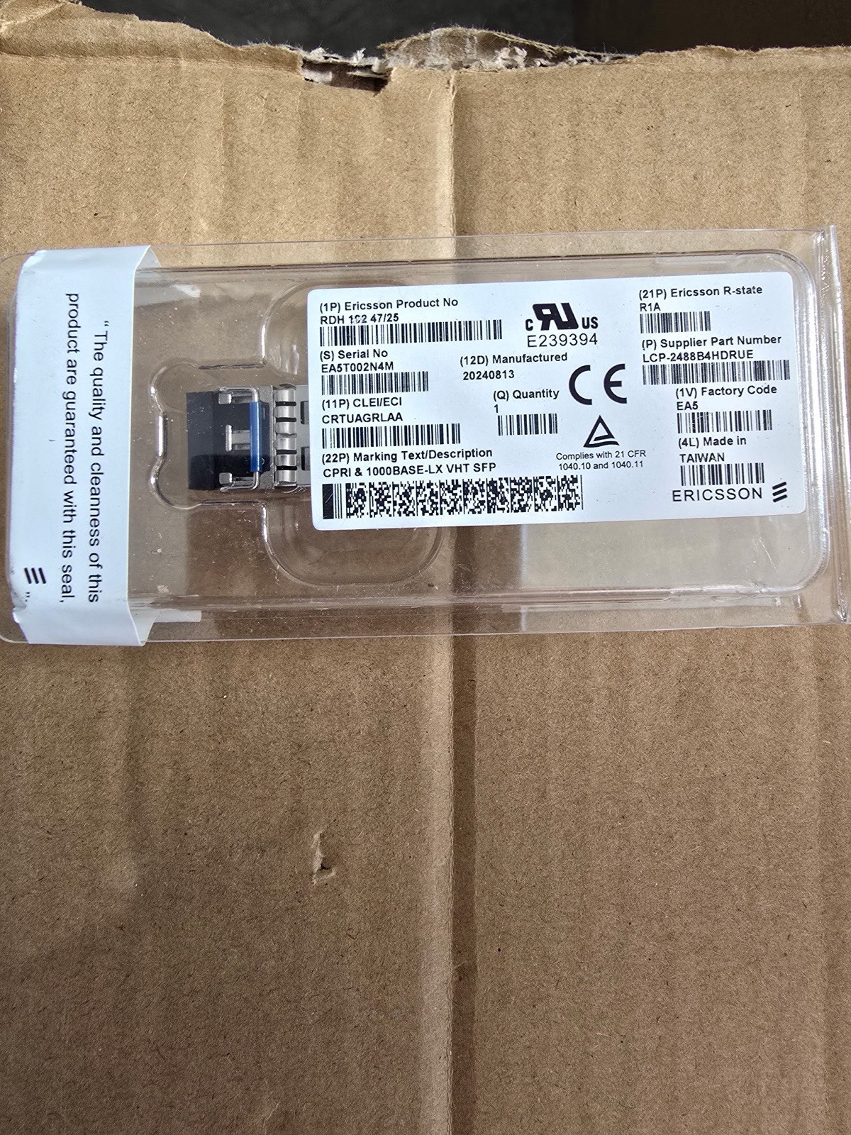 (1P) Ericsson Product No RDH 102 47/25 (S) Serial No EA5T002N4M (11P) CLEI/ECI