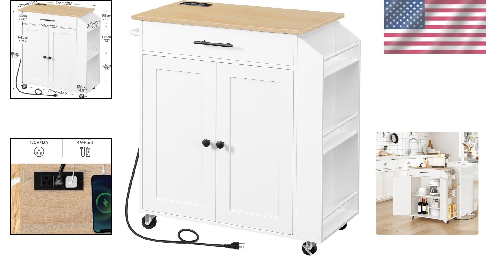 Kitchen Island with Power Outlet Storage Cart Rolling Spice Rack Modern White