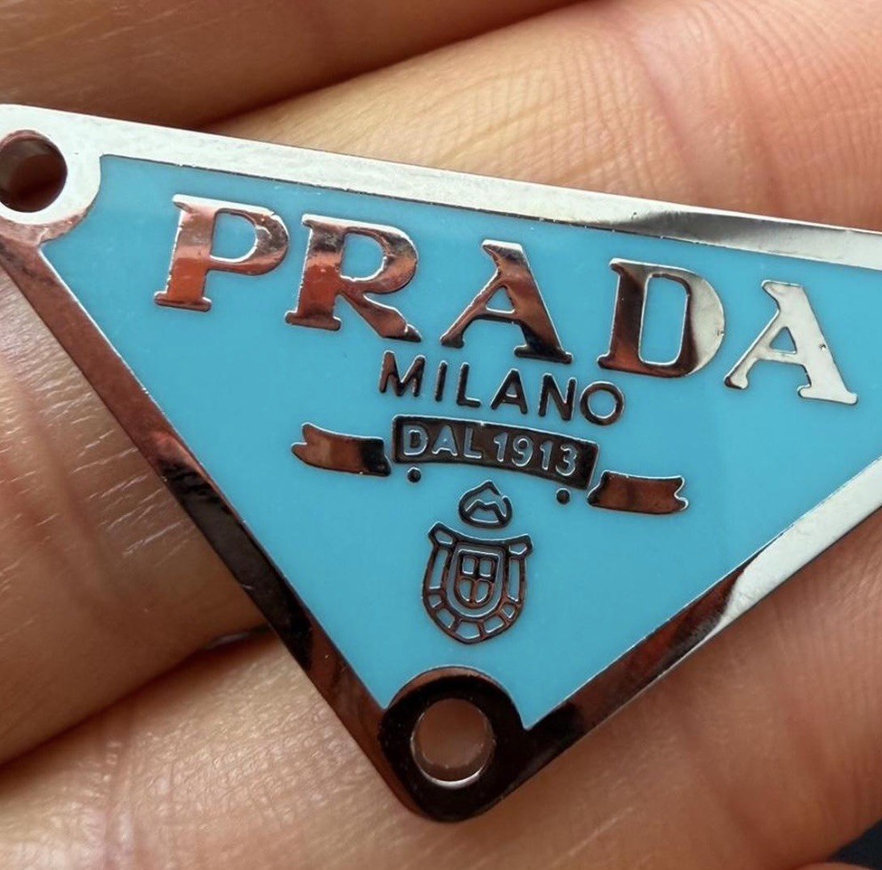 Prada Replacement Triangle Metal teal and silver tone Logo Plate For Repair