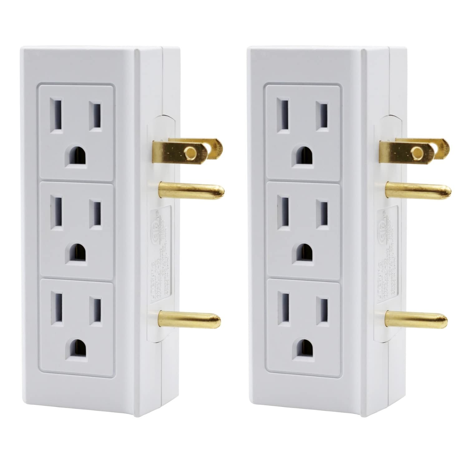 2 Pack 6 Outlet Vertical Extender, Wall Tap, Grounded, Side Access, Splitter