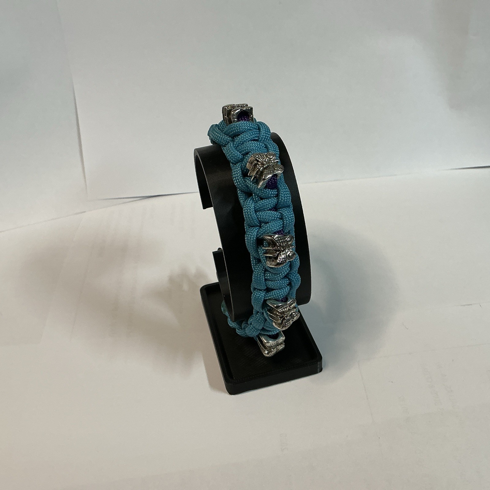 Handcrafted Teal Paracord Bracelet Butterfly Beads 8 Inches Cobra Weave