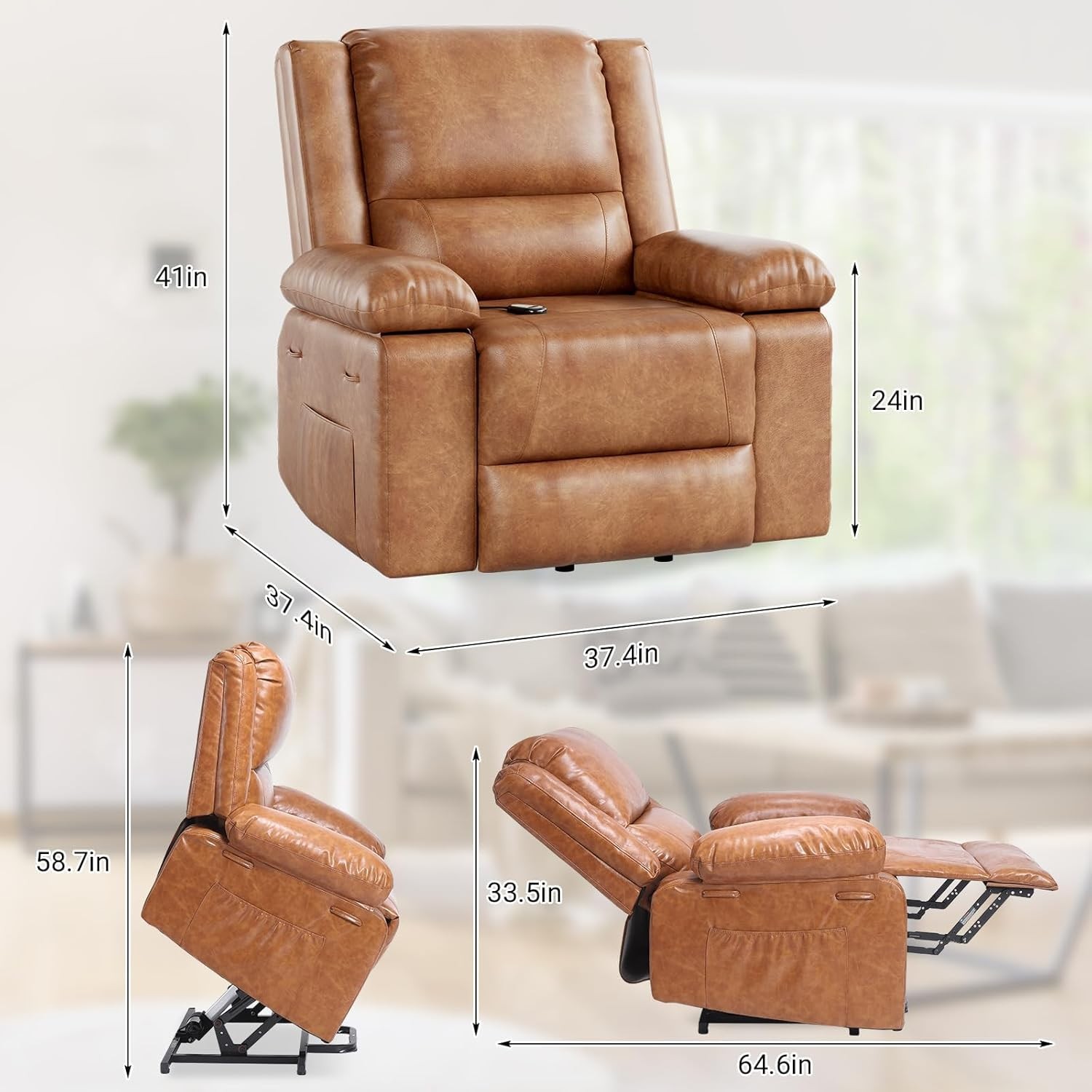 Power Lift Recliner Chair W/Heat & Massage, PU Leather Recliner for Elederly US