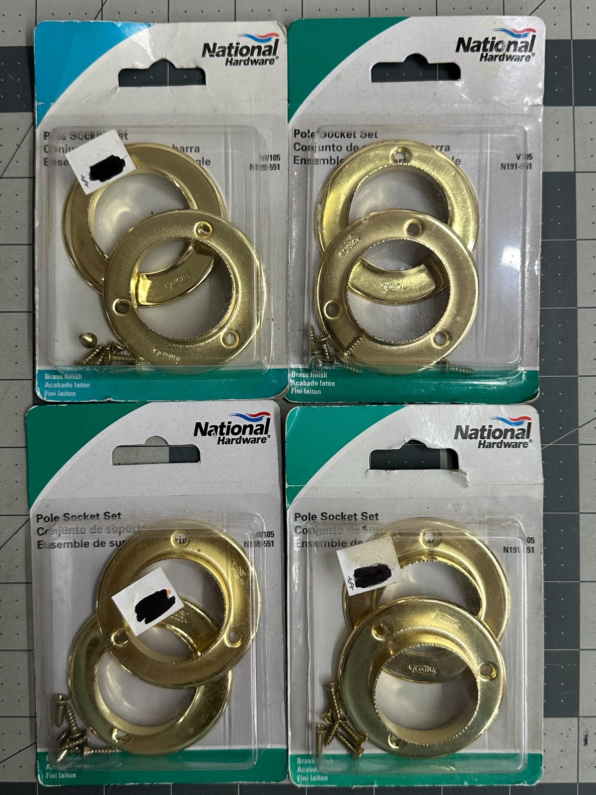 NOS 4-pack lot National Hardware N191-551 Closet Pole Socket Set Bright Brass