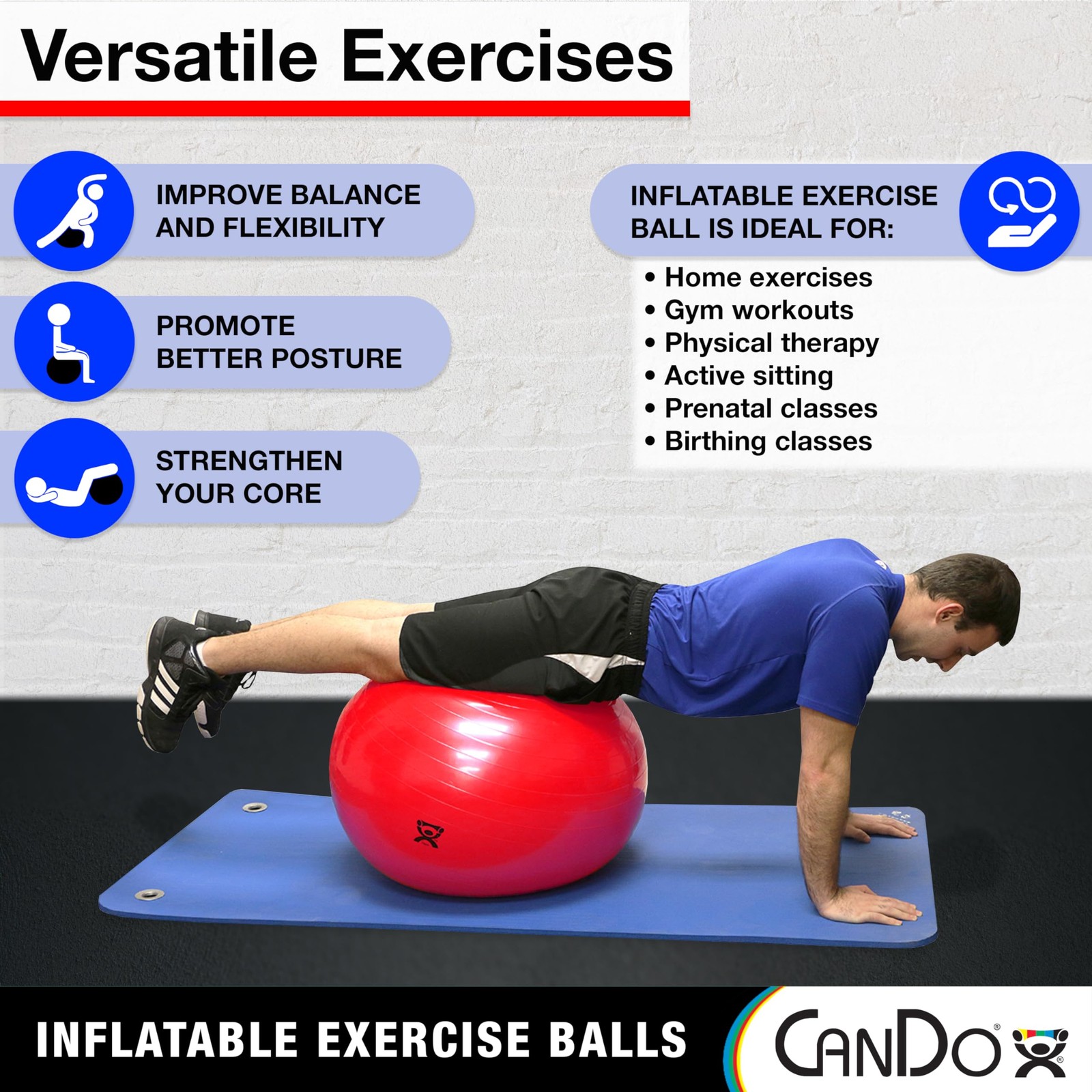 CanDo Inflatable Exercise Ball - Blue 11.8", Durable Extra Thick Non-Slip Sta...