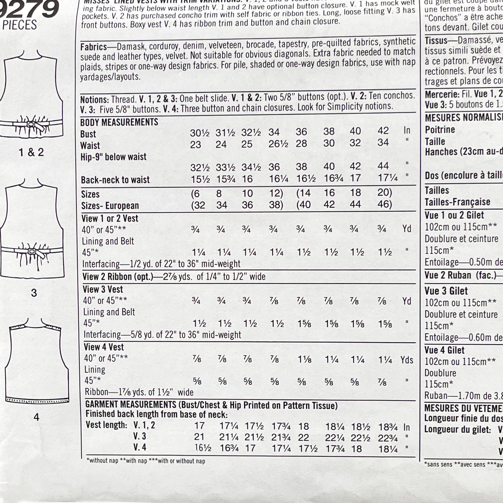 Simplicity 9279 Plus Size Lined Vests Misses Size 14 20 Sewing Pattern Easy