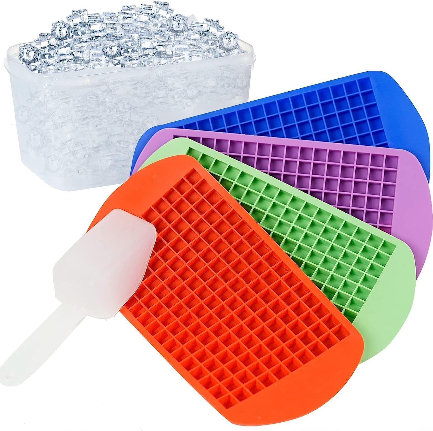 Mini Ice Cube Trays for Freezer with Bin and Scoop, Cube, Multicolor