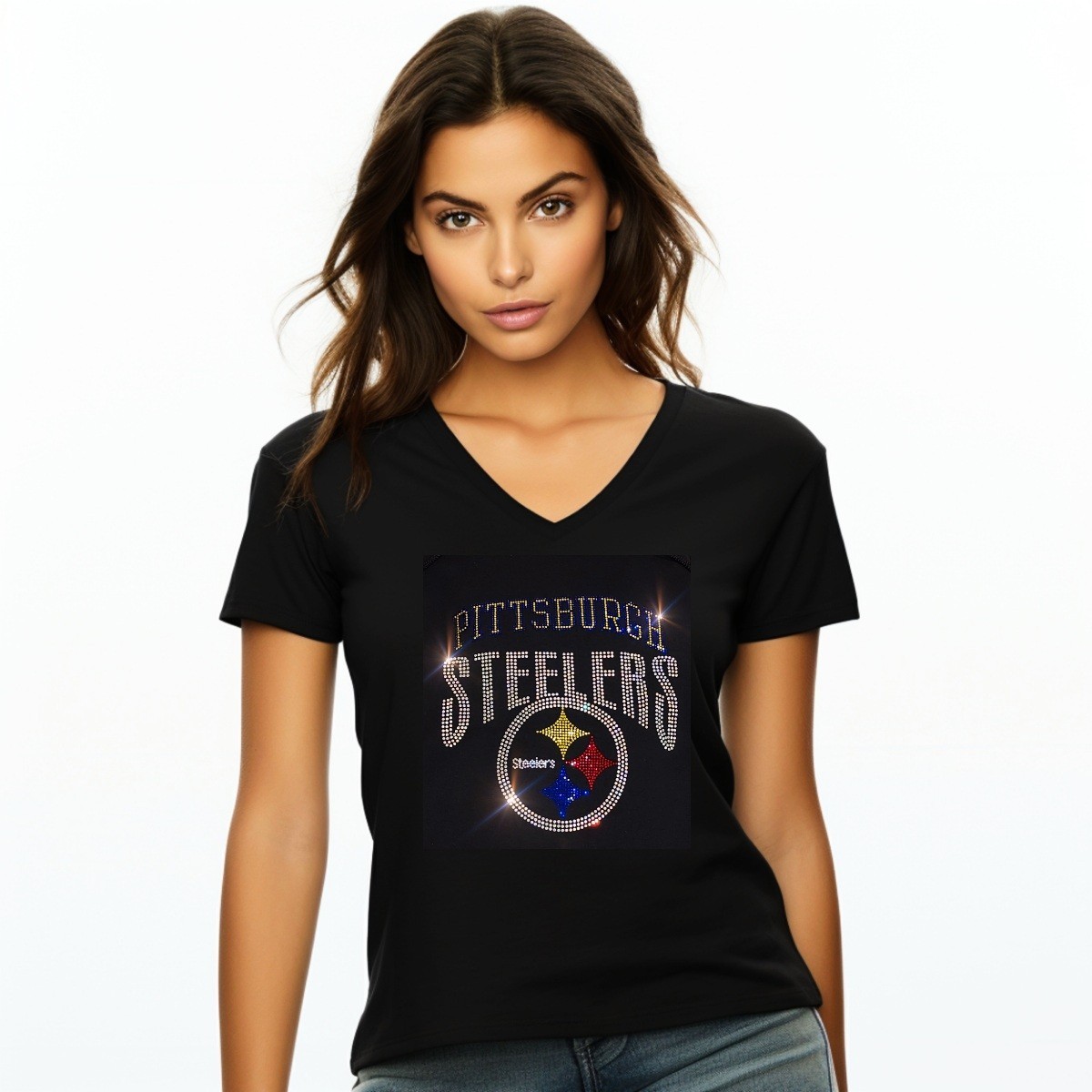 Pittsburgh Steelers New Rhinestone Womens VNeck Tshirt Sizes Sm-4X Womens Sizing