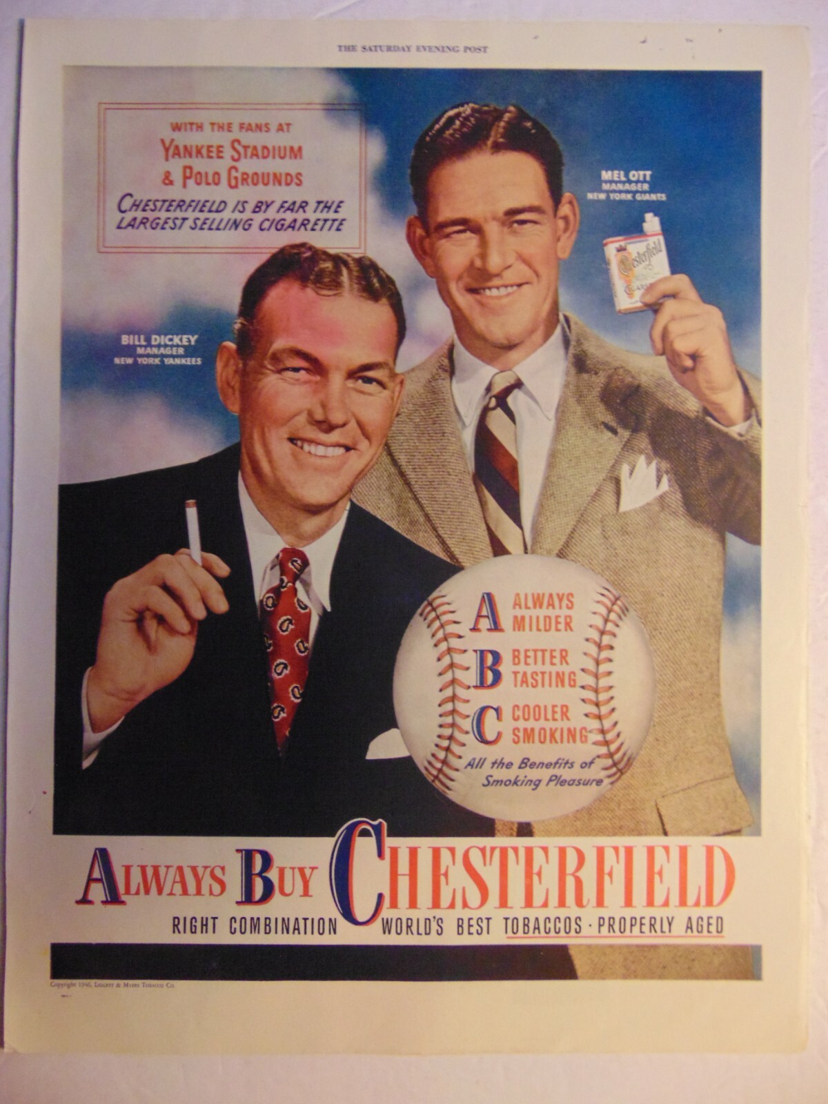 1946 New York Yankees/Giants Managers OTT/DICKEY Smoke CHESTERFIELD print ad