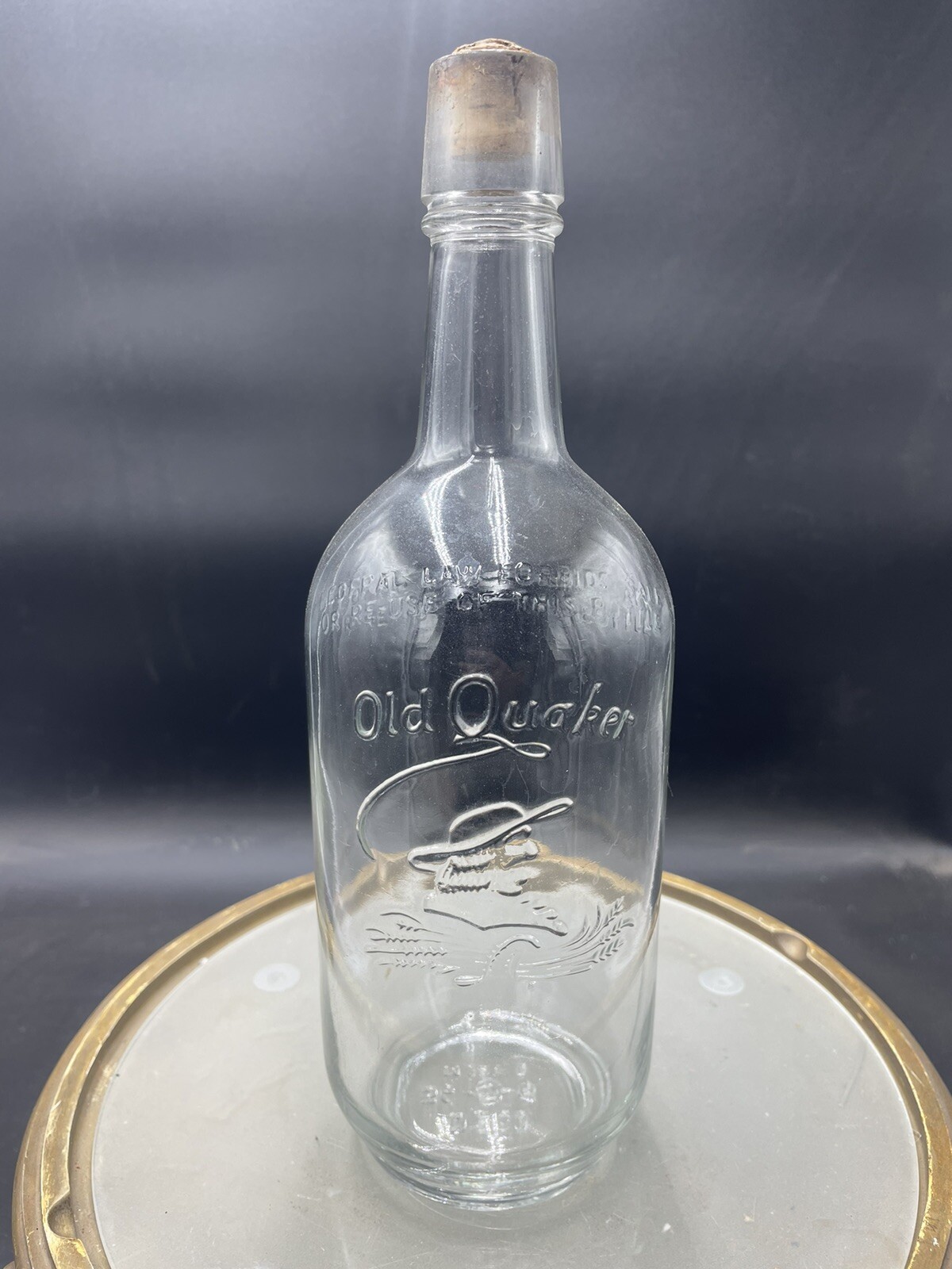 Vintage OLD QUAKER 11” Embossed Glass Bottle