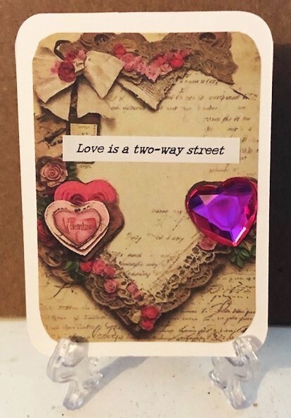 ACEO Art Trading Card ATC Original OOAK Pink Gem Hearts Love Valentines Day
