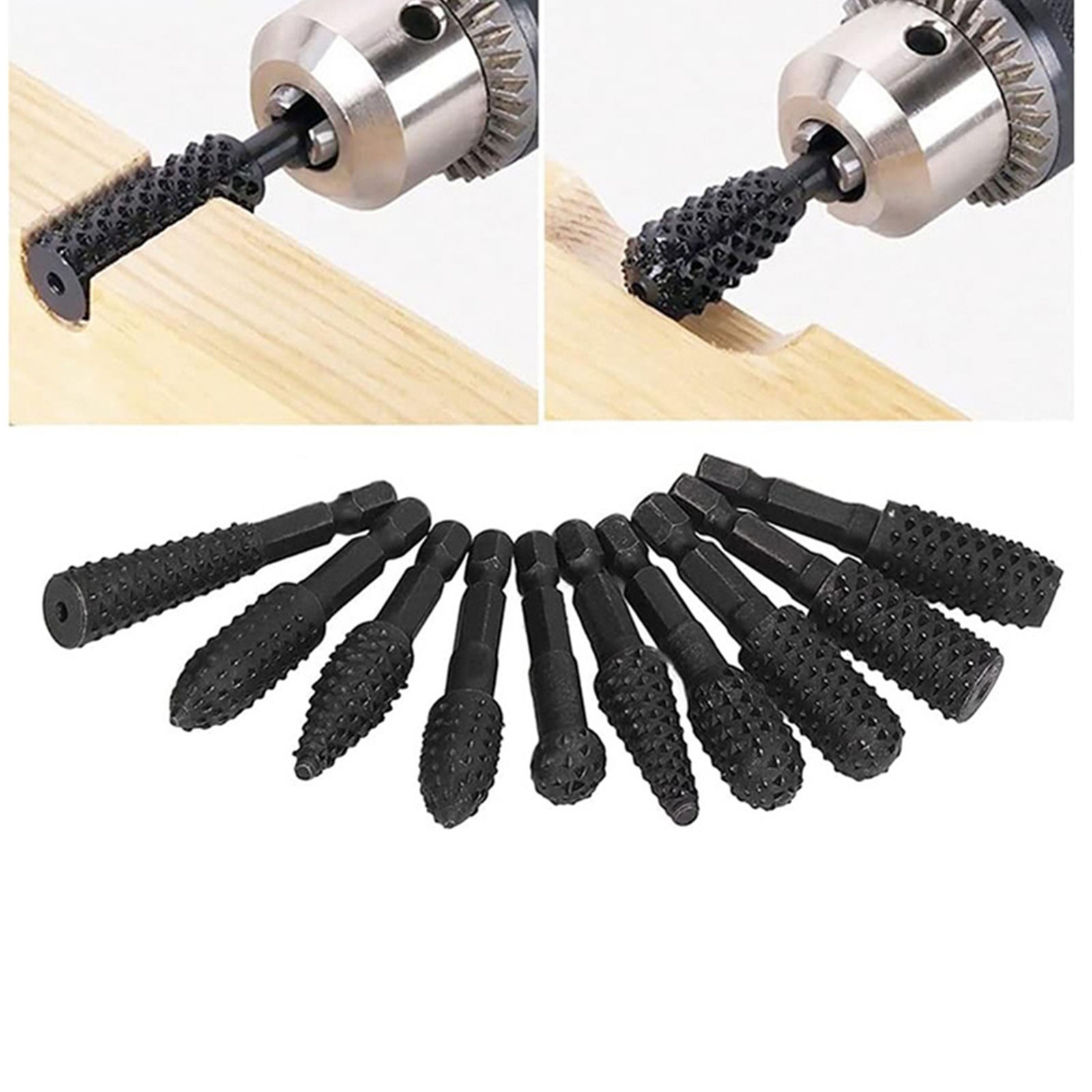 10Pcs New 1/4in Shank Rotary Burr Rasp Set Steel Wood Carving File Drill Bits