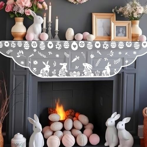 White Easter Mantle Scarf for Fireplace Decorations, Lace Bunny Floral Egg