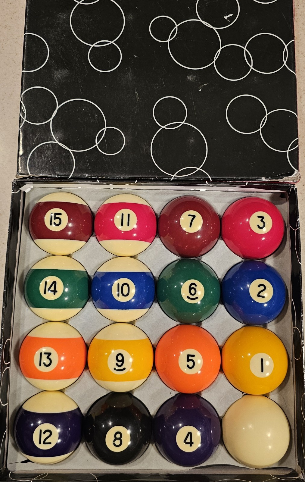 Vintage Billiard Pool Balls, Standard 2-1/4" Complete Set, With Cue Ball EUC