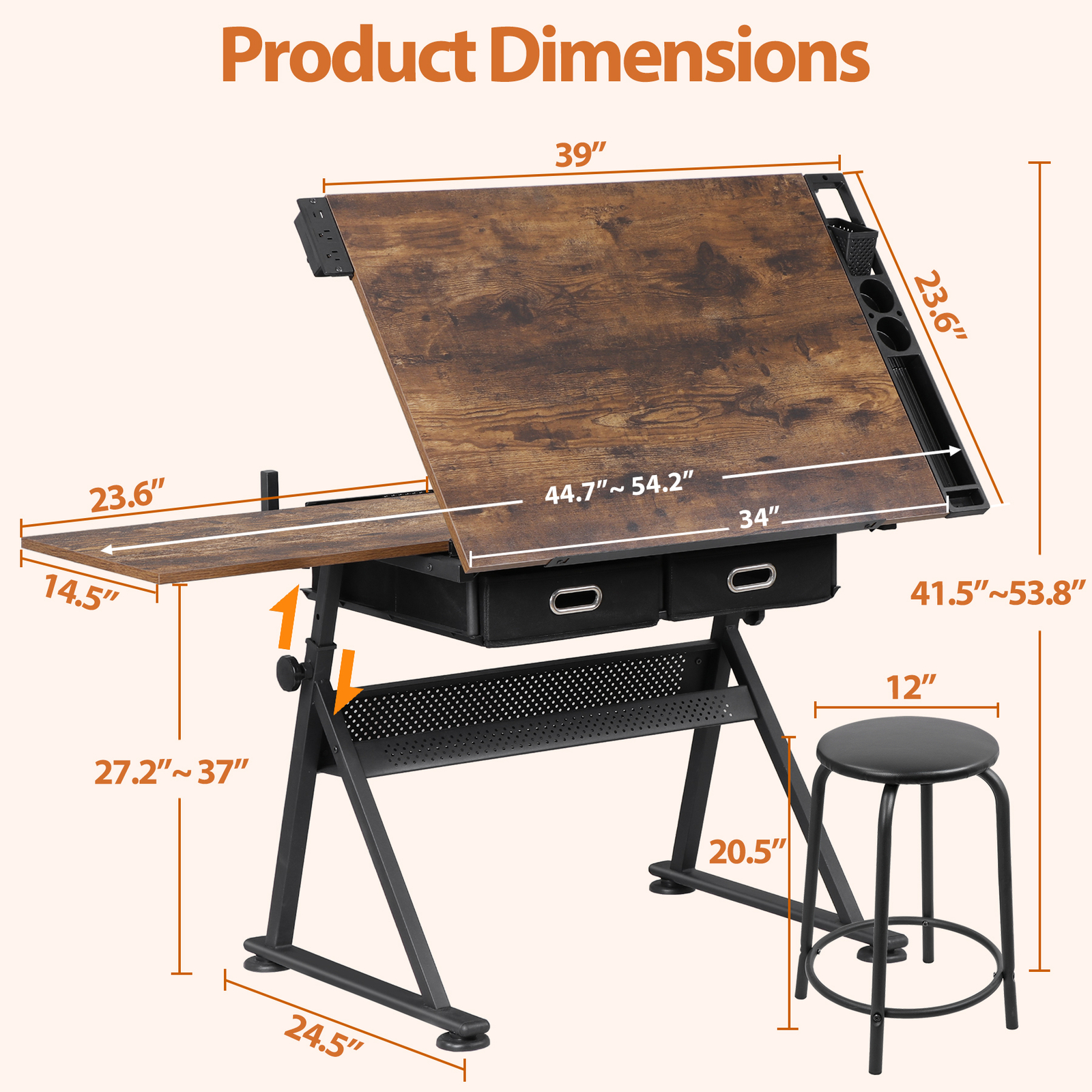 Adjustable Drawing Writing Table Stool w/ 2 Drawers for Artwork Art Desk Retro
