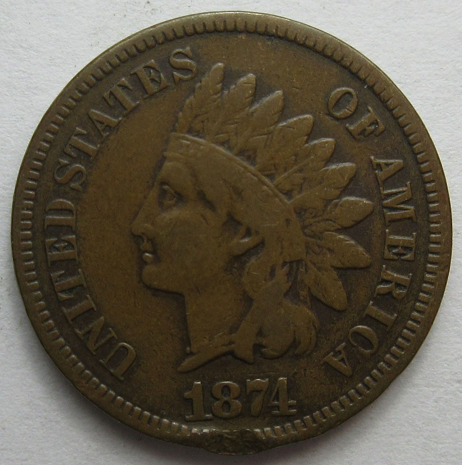 1874 Indian Cent -Fine- (#1215d)