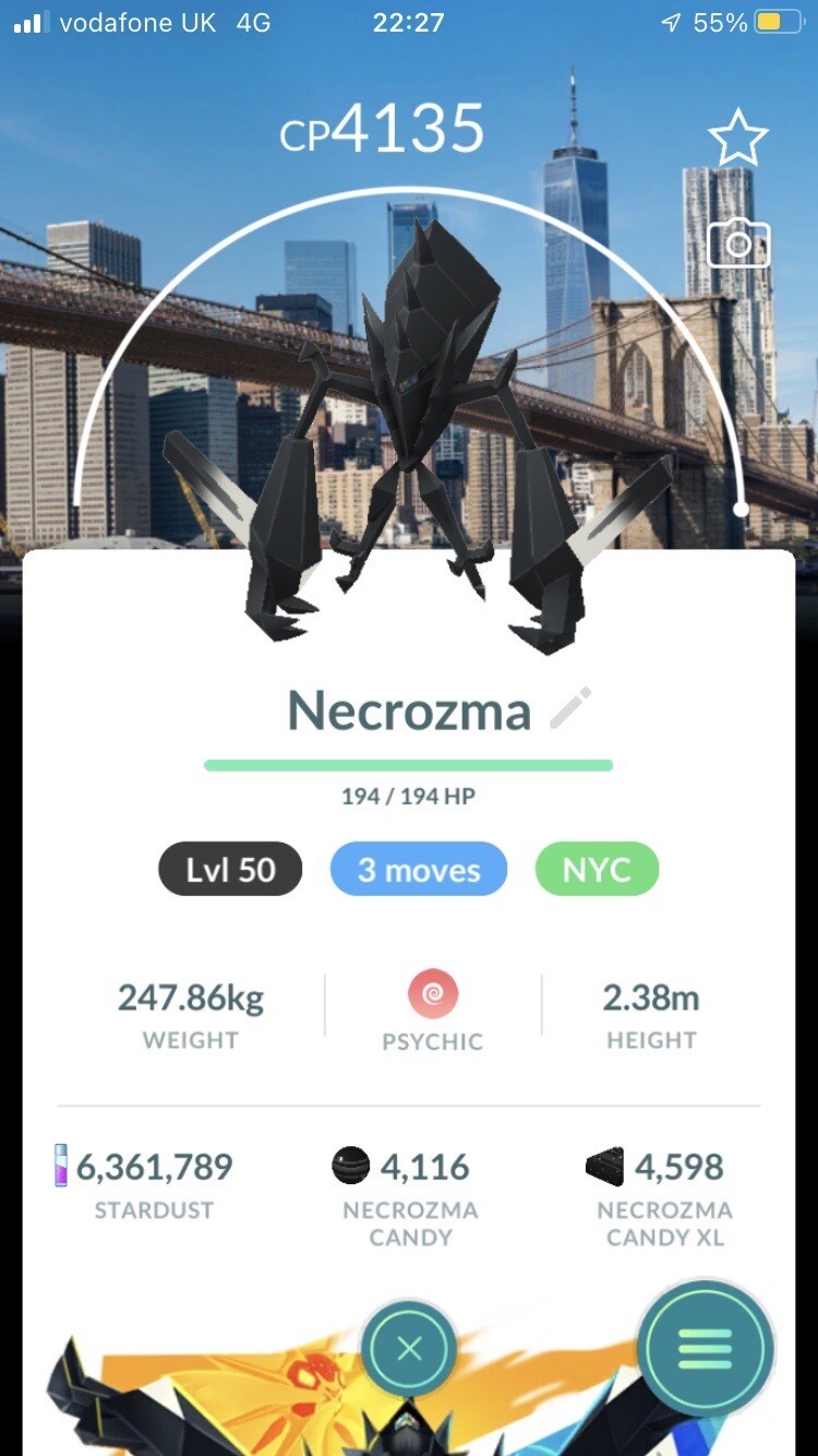 Pokémon Trade Go Level 50- Necrozma 3 Moves With New York Background