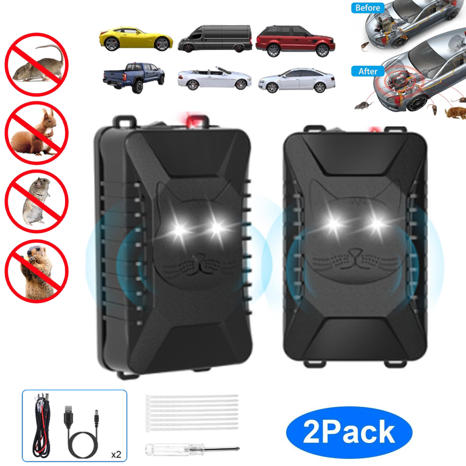 2Pcs Under Hood Ultrasonic Rodent Chaser Car Rat Repellent Mice Repeller Device