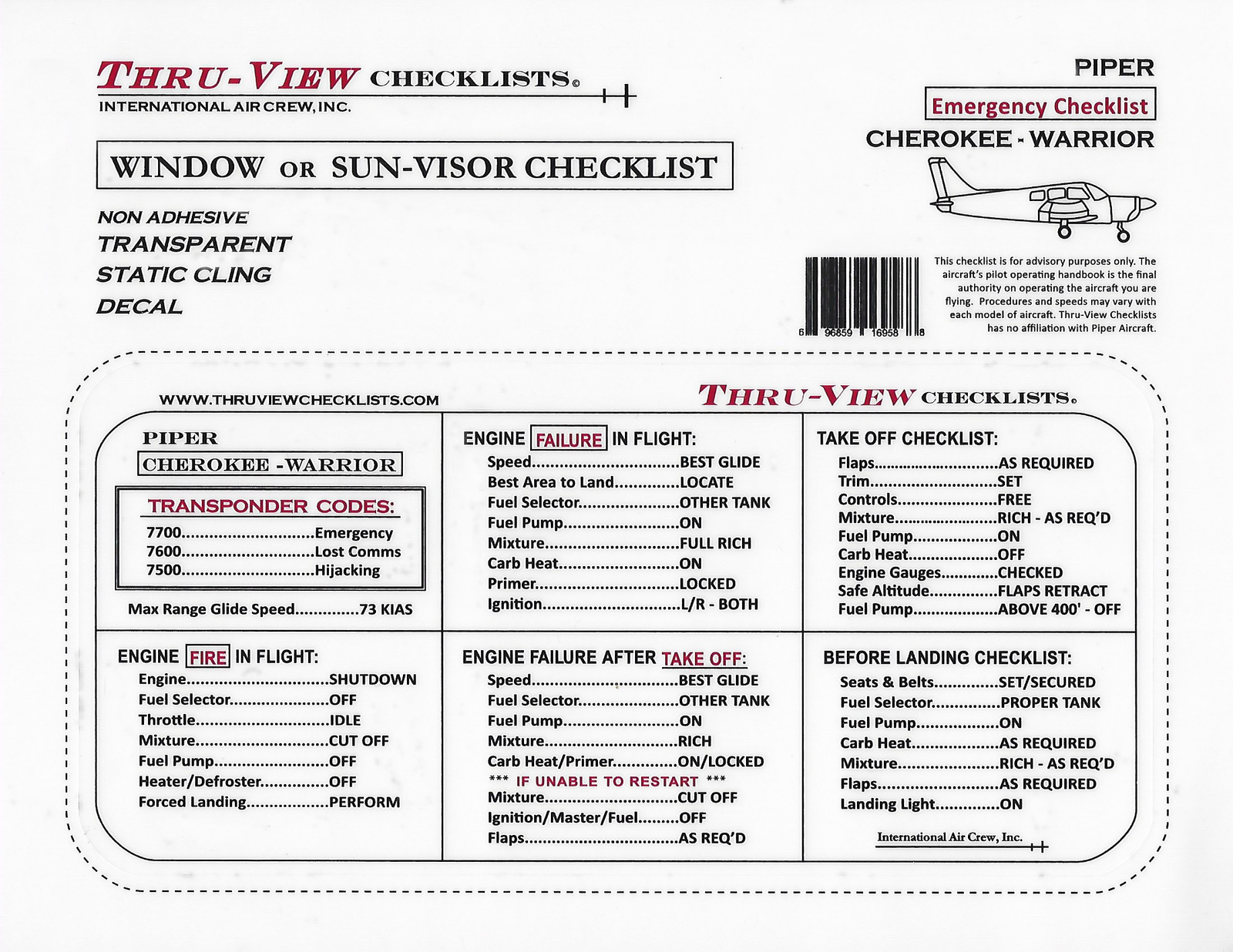Thru-View Emergency Aviation Checklist - Piper PA-28 Cherokee/Warrior