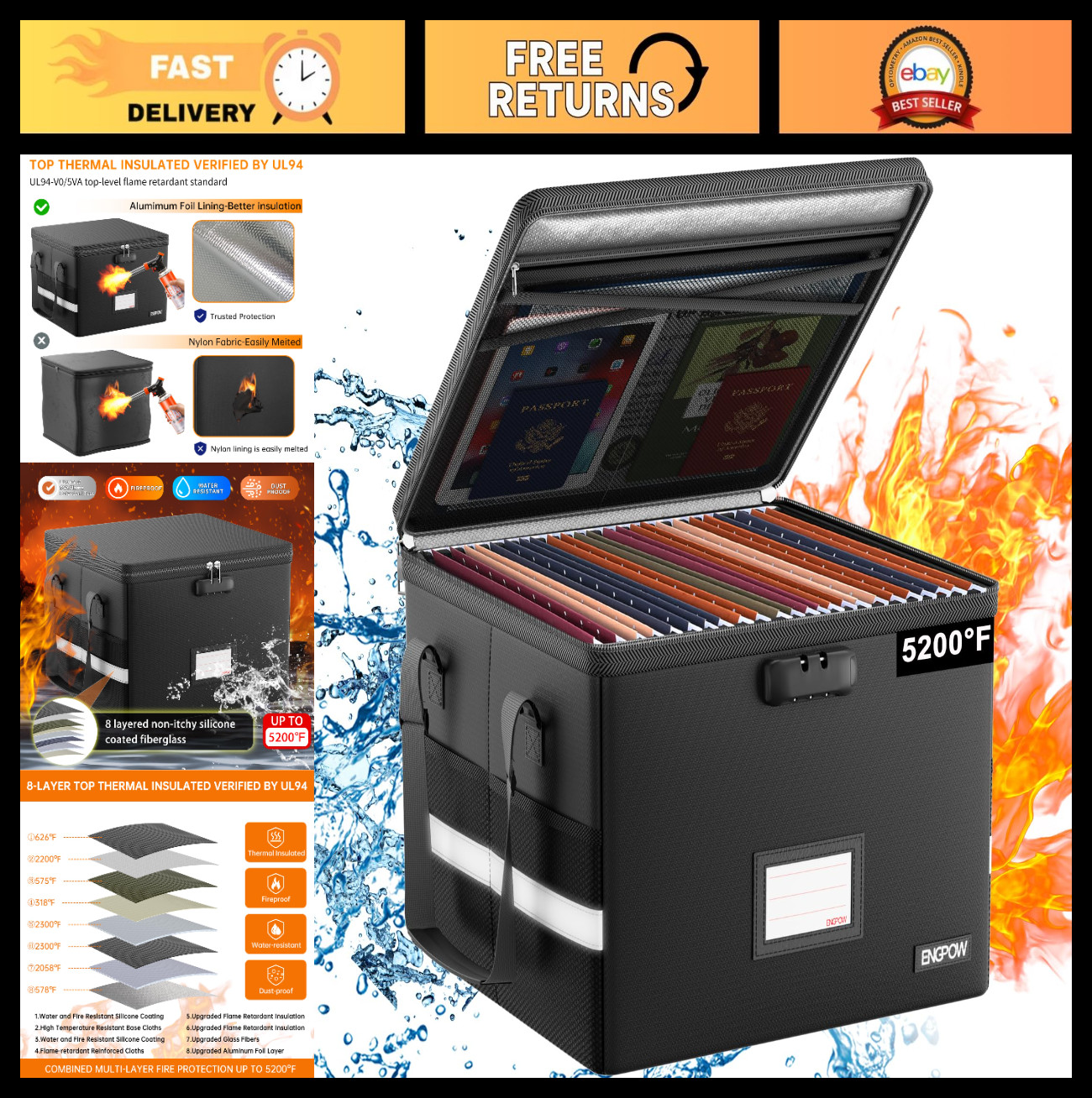 Fireproof Document Box with Lock - Heat Insulated Portable File Organizer, Black