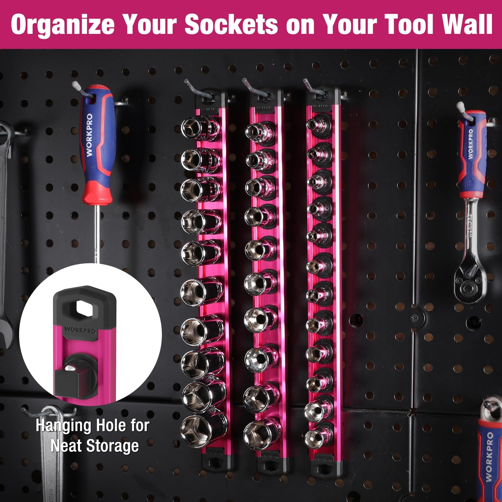 WORKPRO 1/2" Dr Heavy Duty Magnetic Socket Organizer Socket Holder Rack 10 Clips