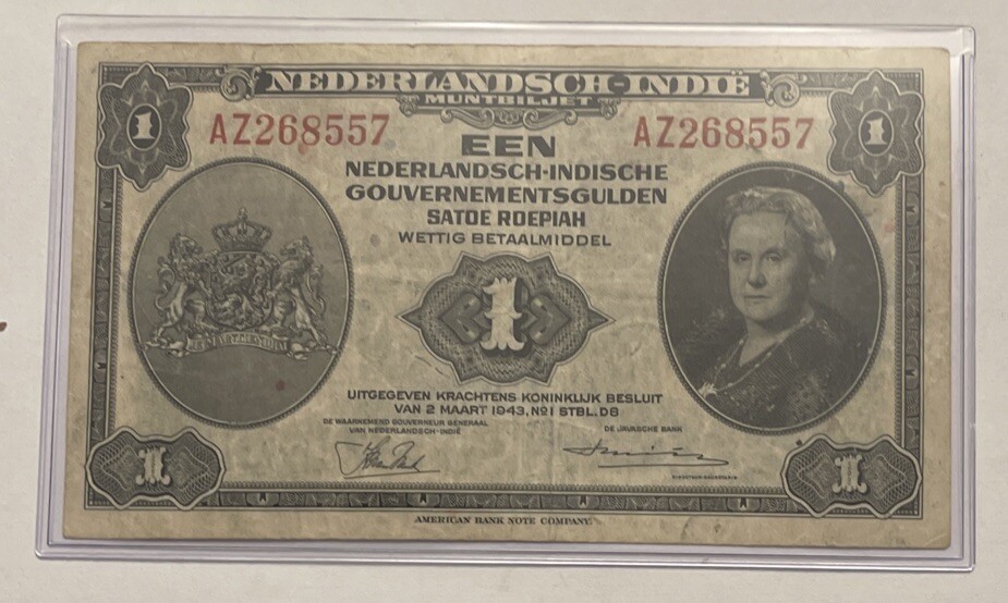 Banknote Nederlandsch Indische Gouvernementsgulden 1 UN EEN 1943.