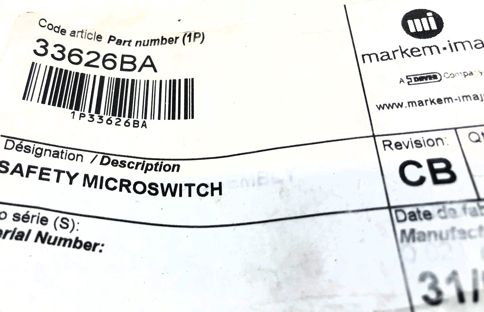 Markem-Imaje Safety Microswitch 33626BA NOS