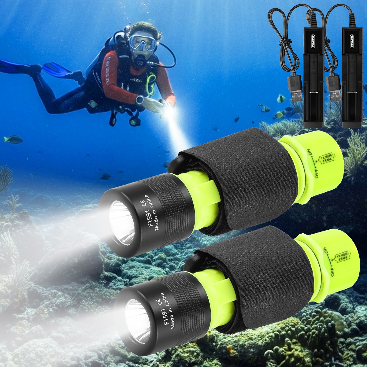 2PACK Professional Scuba Diving Flashlight Underwater 80ft Waterproof Dive Torch
