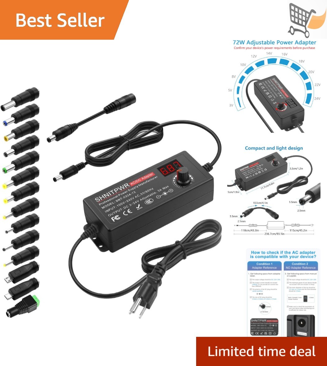 Adjustable DC Power Supply 3V-24V 72W Universal Adapter with Tips for Electro...
