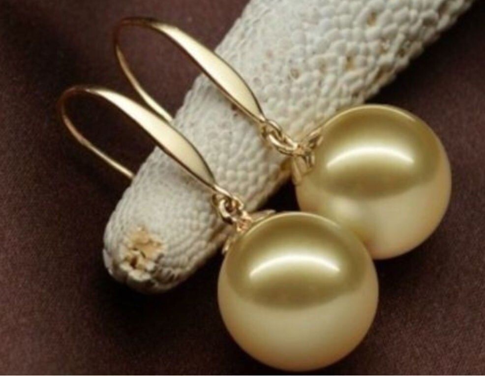 HUGE AAA 16mm Natural South Sea Golden  Shell Pearl Earrings 14k Gold..