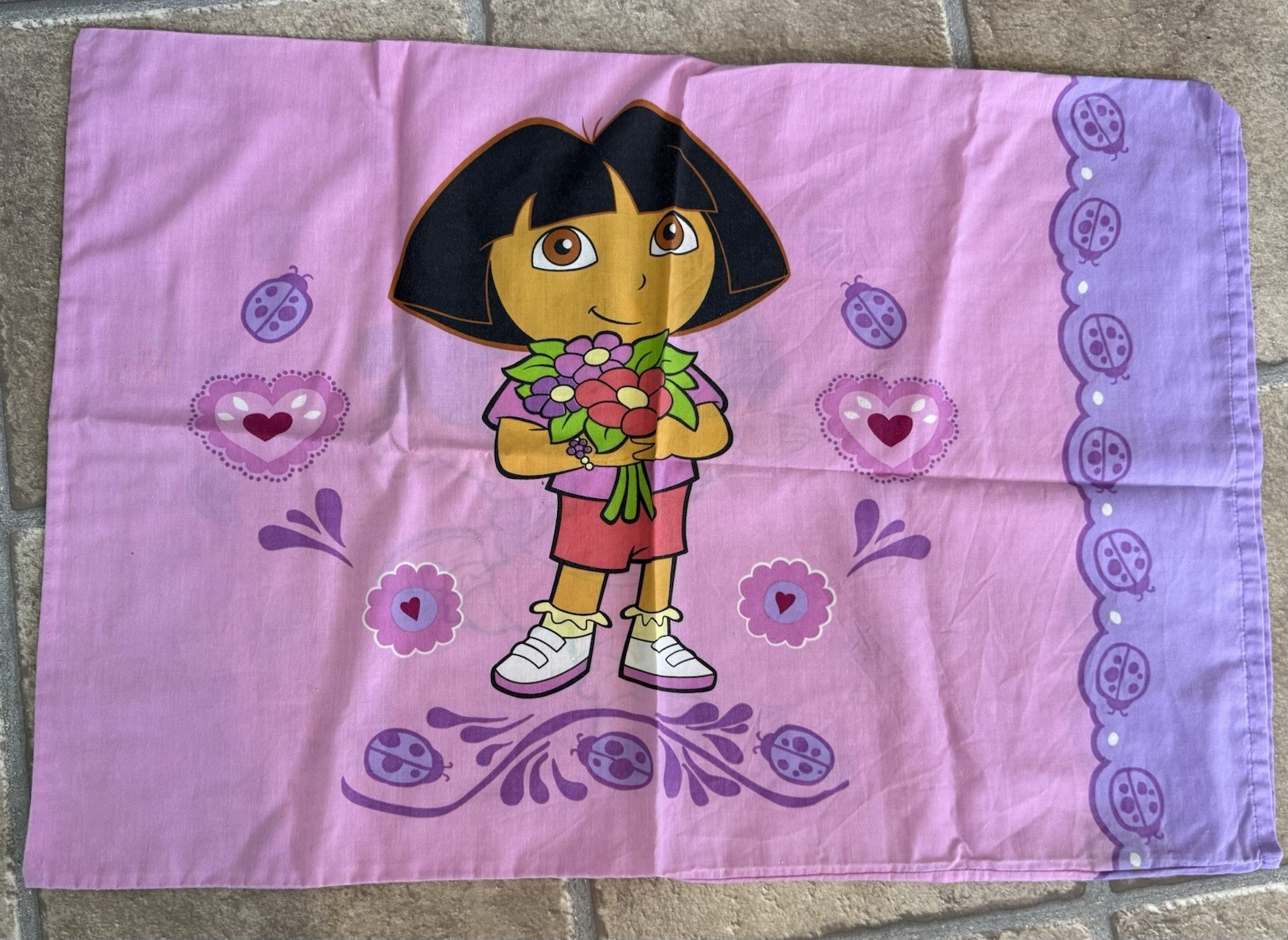 Vintage DORA EXPLORER Purple Pink Pillow Case Fabric LadybugFlowers 2006 Nick Jr