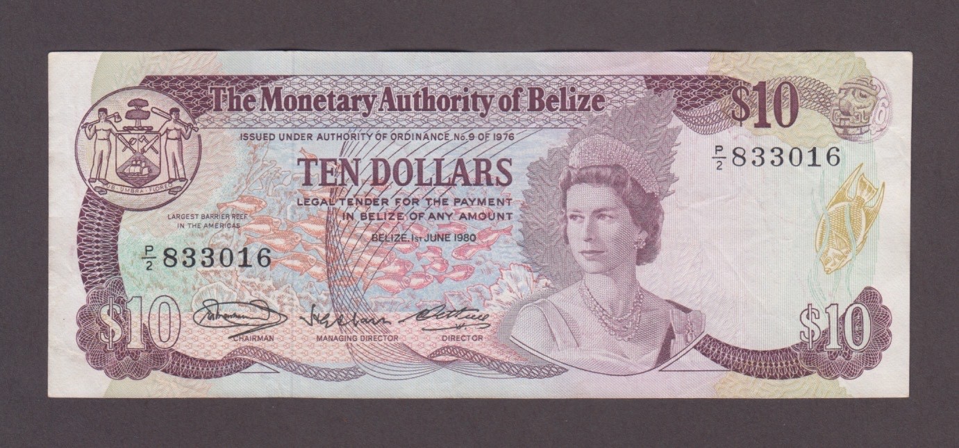 BELIZE P.40-3016  10 DOLLARS 1980 PFX P/2 QE II  VF WE COMBINE   2602