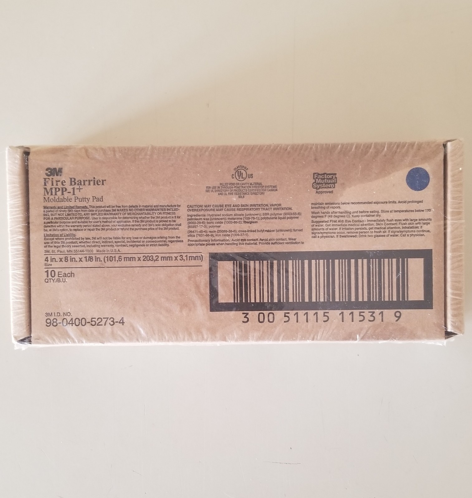 3M MPP-1+ Moldable Putty Pad Fire Barrier 4" X 8" X 1/8" Qty 10. [E3 44]