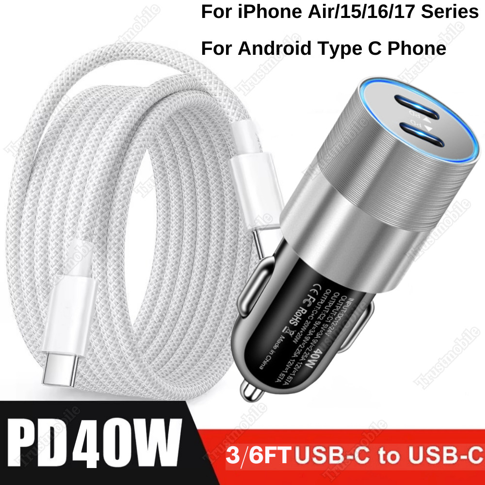 PD 40W Dual USB-C Fast Car Charger Type C Cable For iPhone15 16e 17 Air Samsung