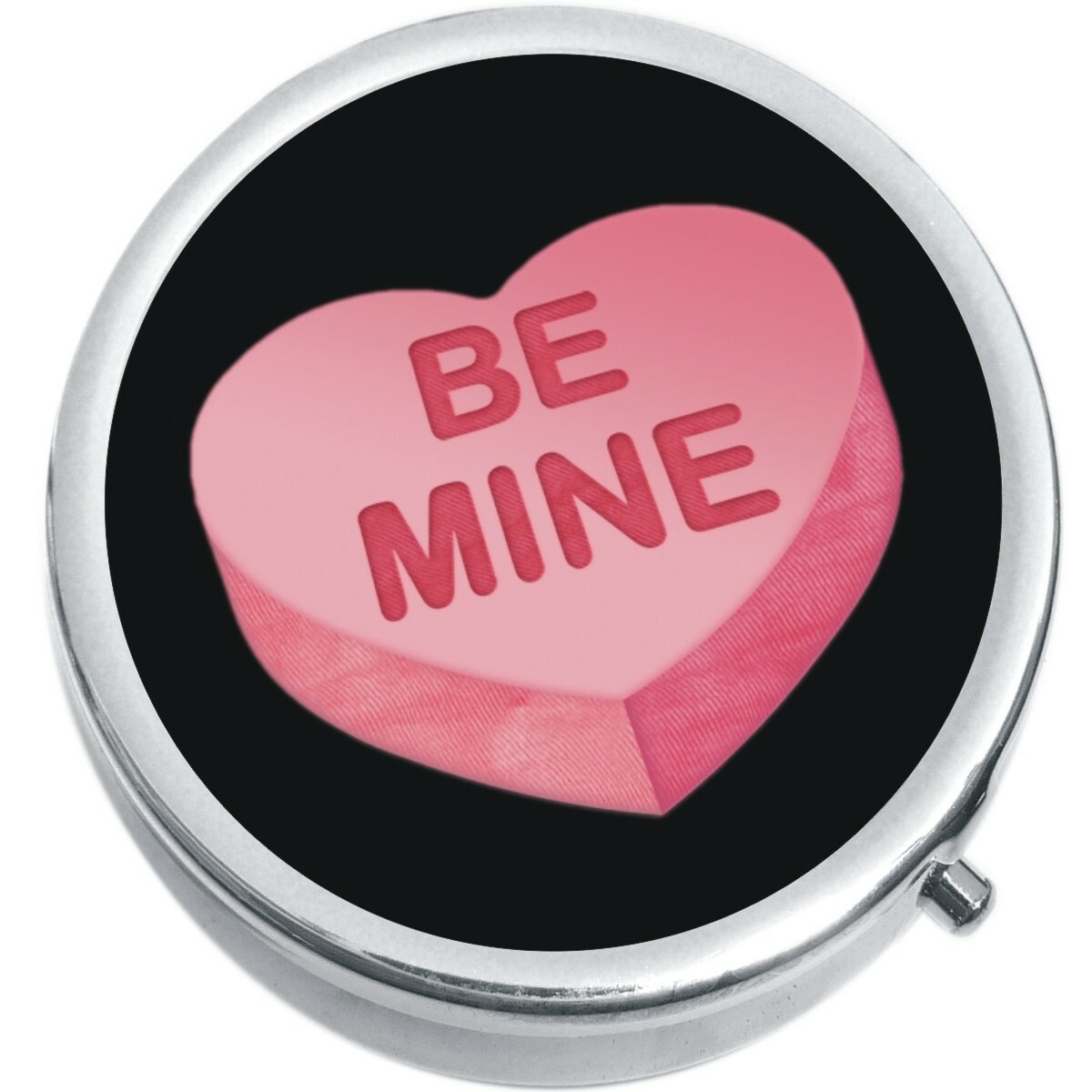 Pink Be Mine Candy Heart on Black  Medicine Pill Box