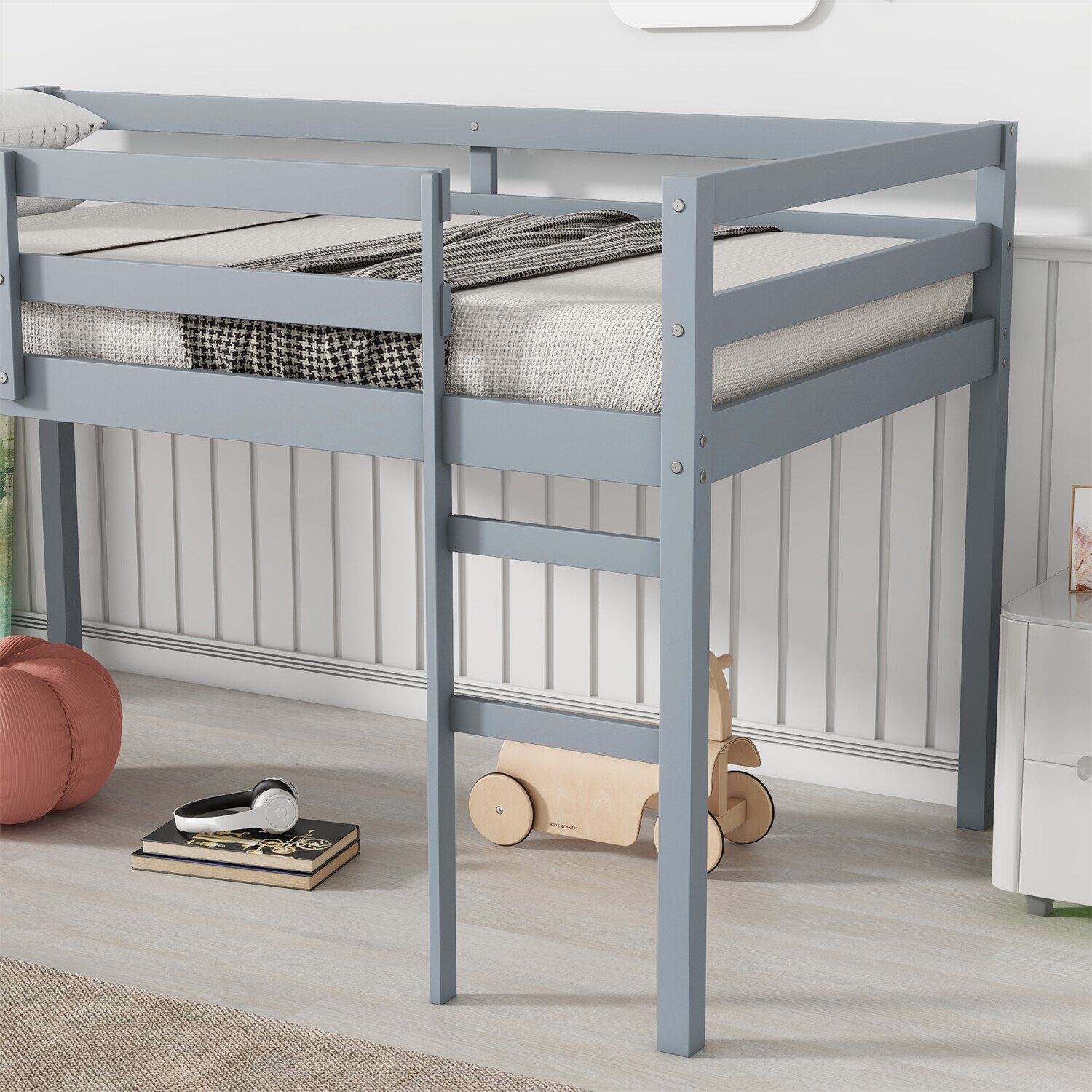 Twin Size Wood Loft Bed Frame Wood Bed Frame White/Grey/Espresso