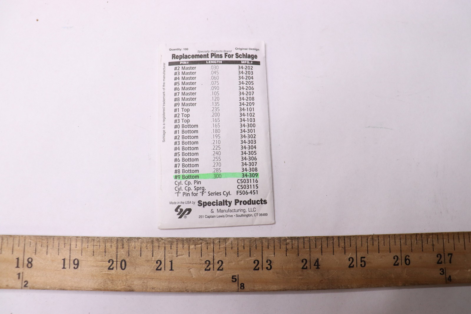 (100-Pk) Specialty Products Replacement Pins .300B #9 for Schlage 34-309