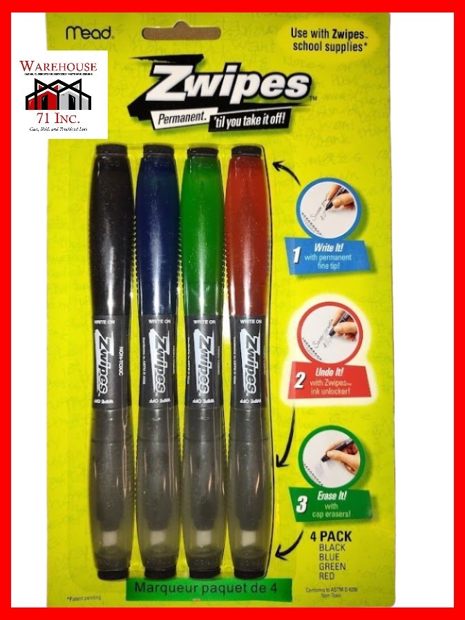 Vintage NEW  Mead Zwipes Permanent Erasable Pens 4 Pack Rare! Buy 1 Get 1 Free