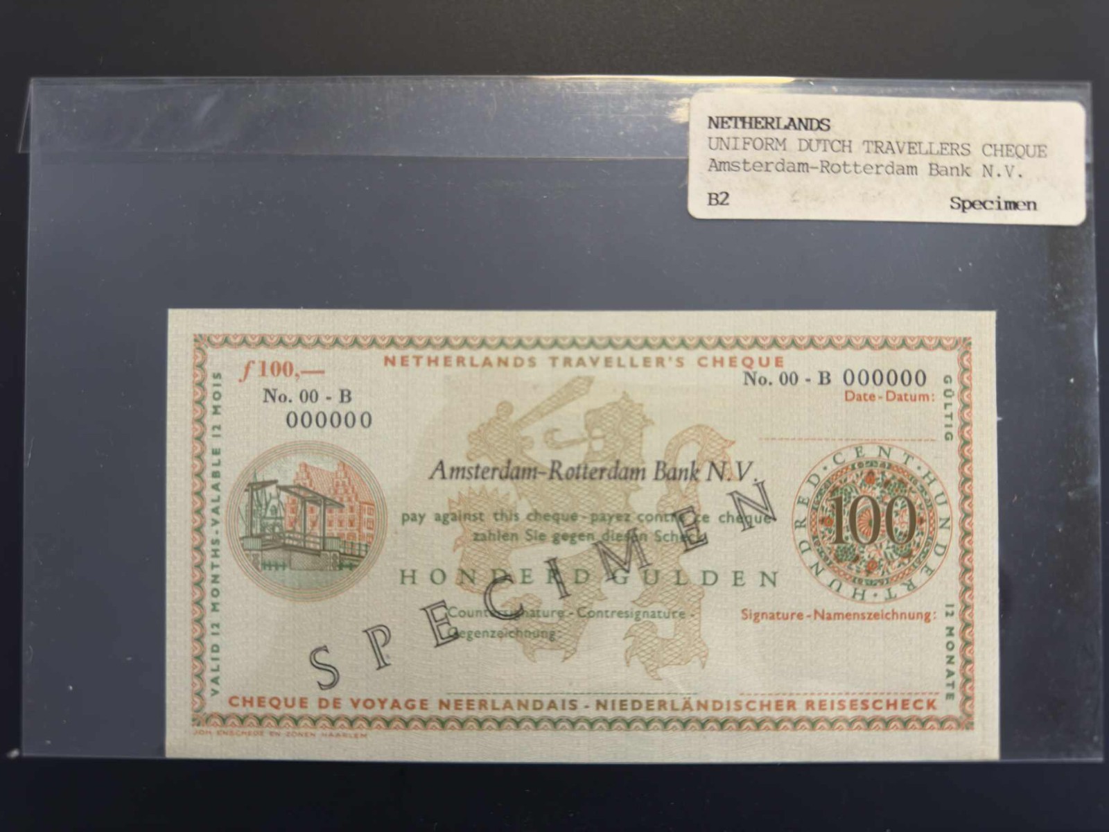 Netherlands Traveler's Cheque 100 Gulden - Specimen - Uncirculated