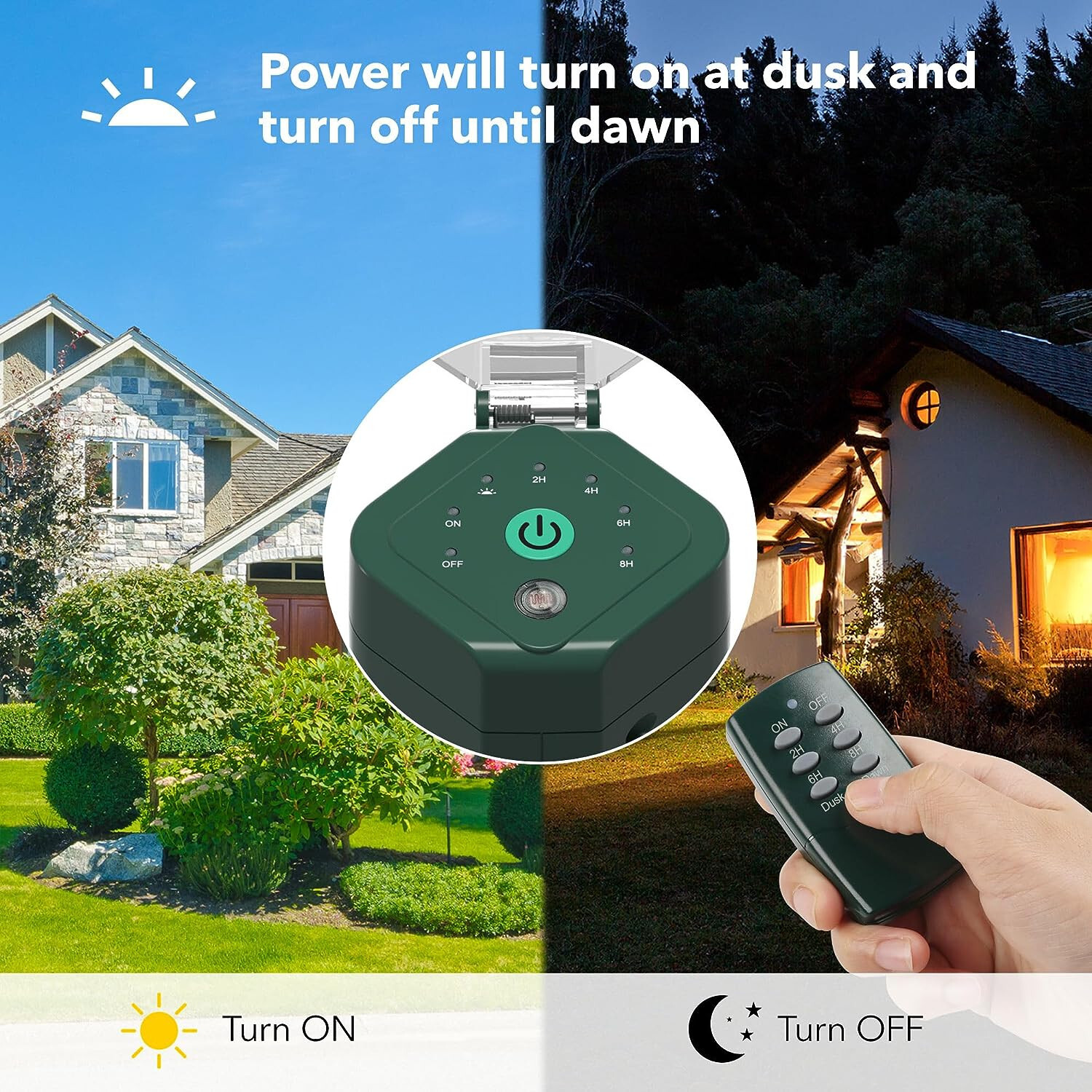 HBN Outdoor Power Strip Timer with Photocell (w Remote Control) Countdown Timer